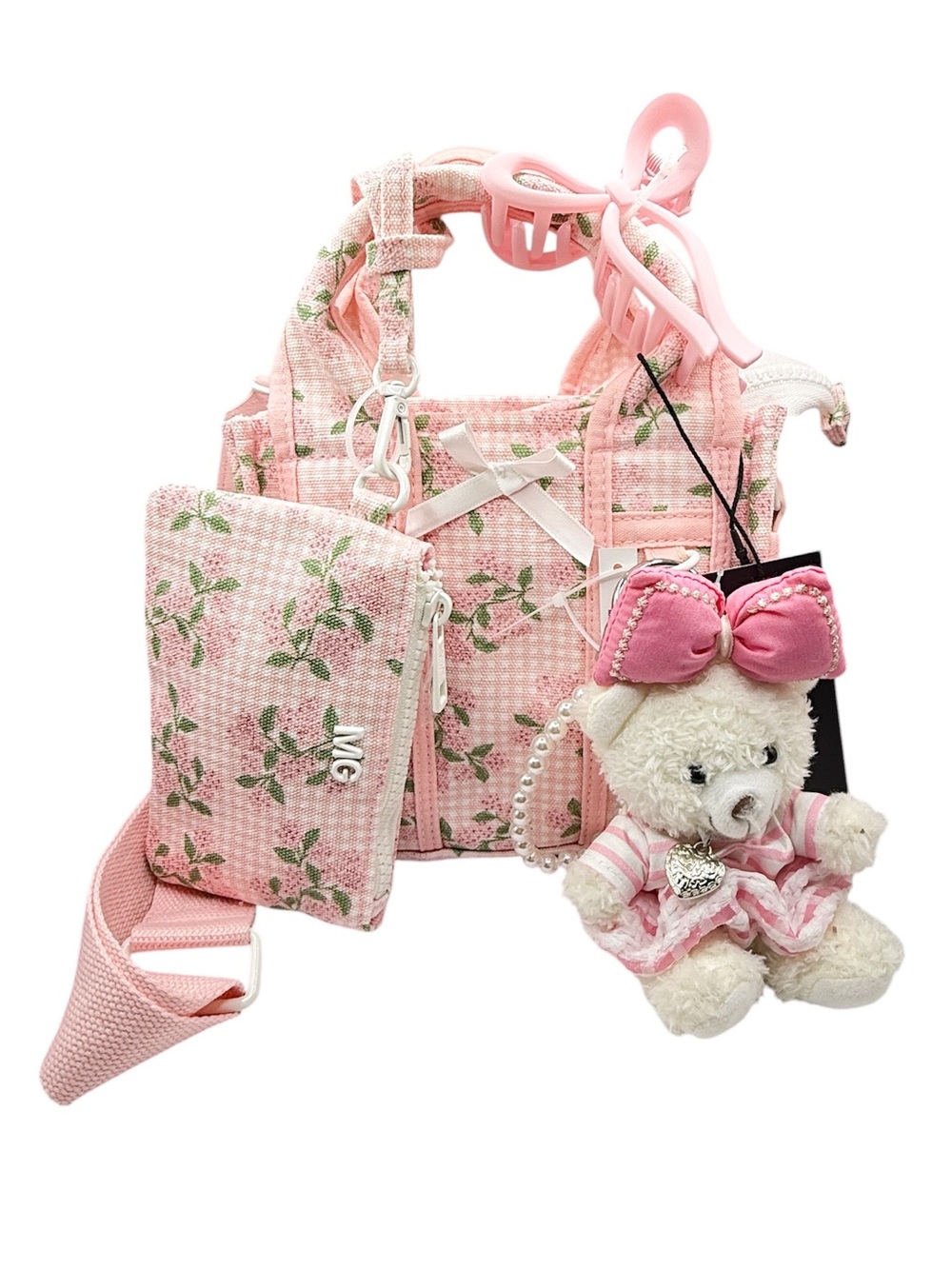 NWT Viral Madden Girl Pink Floral Mini Tote Crossbody Set Teddy Charm & Pouch